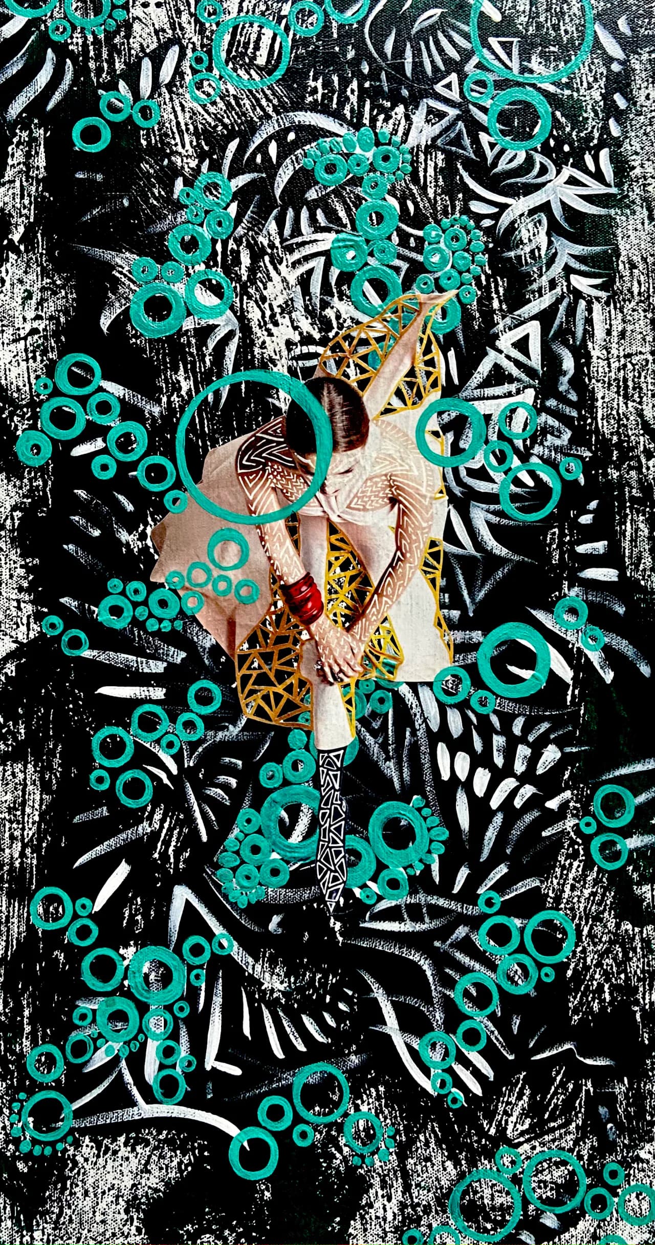 Mixed media collage of a figure with geometric patterning set against a black and white botanical background with teal circles