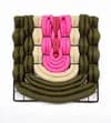 Olive green and pink fabric textile sculpture on metal grid