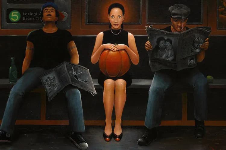 Painting of three seated figures on a bench; woman in center holds basketball while men on sides read magazines, rendered in warm indoor lighting.