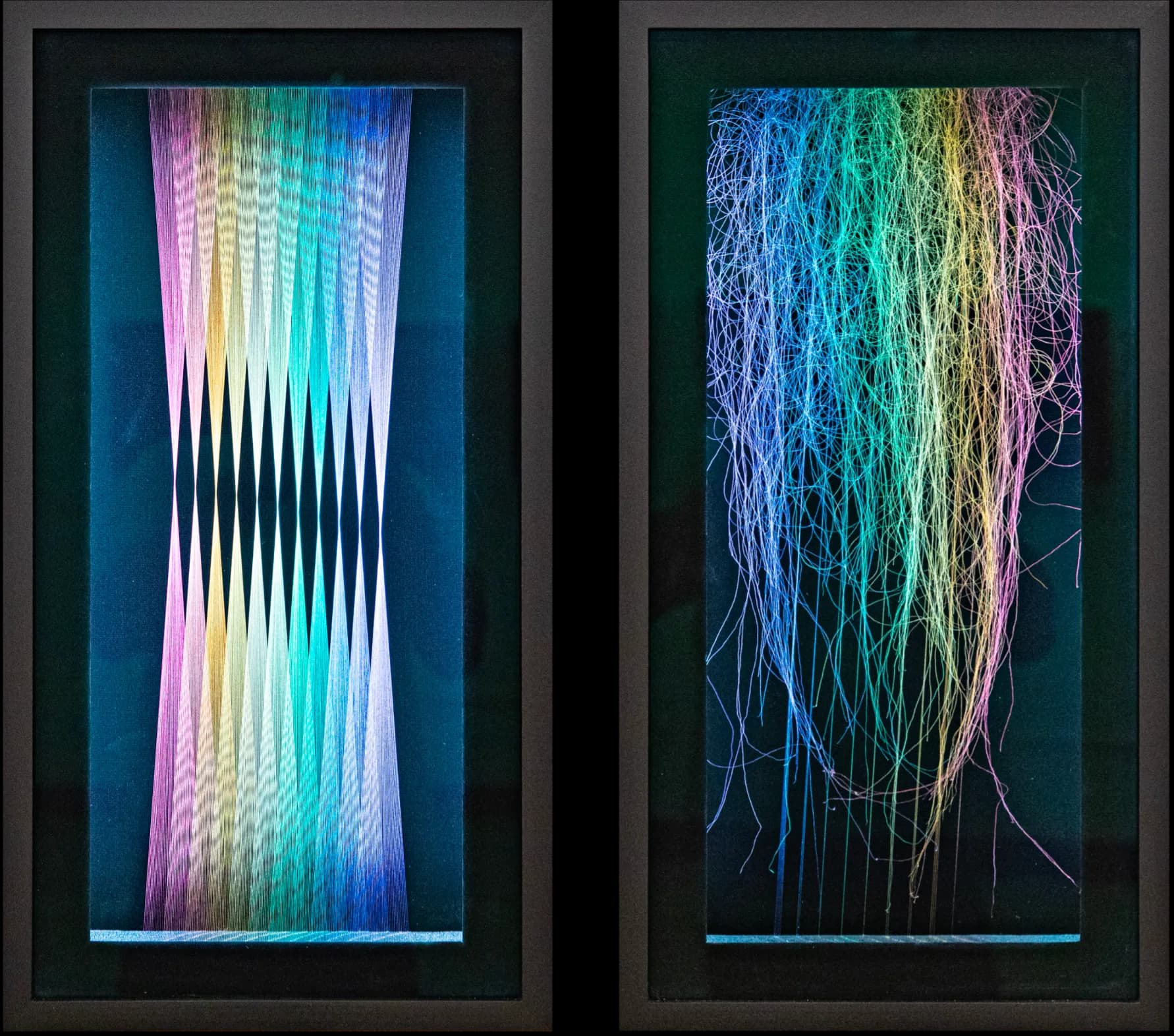 Framed string art diptych: left panel shows geometric waveform in rainbow colors, right panel shows cascading colorful loose threads