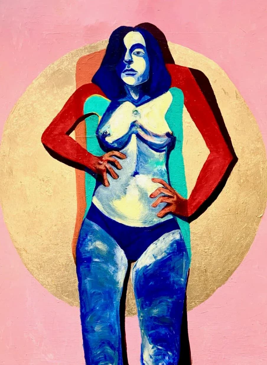 Standing female nude with blue skin tones against pink background with gold circle