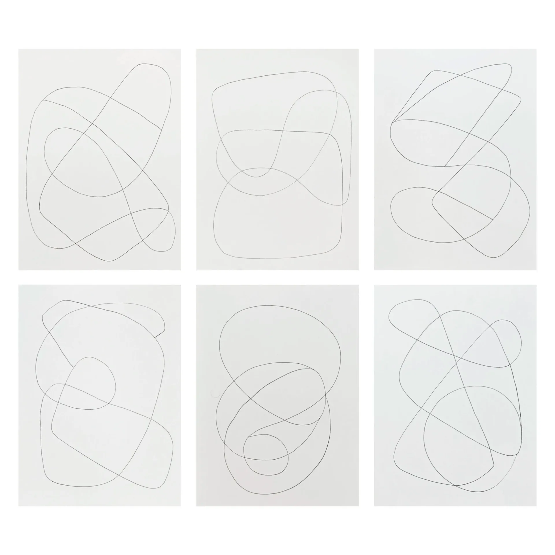 Series of six minimalist line drawings with continuous looping forms on white paper