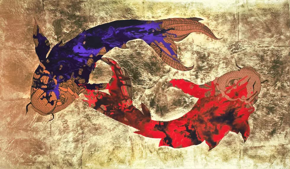 Two ornate koi fish in blue and red with lace-like patterning on gold leaf background
