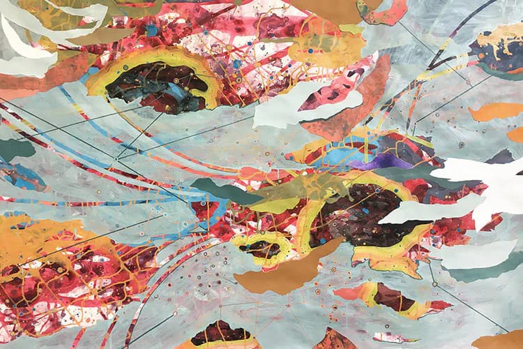 Abstract mixed-media painting with vibrant reds, yellows, and blacks; layered organic shapes with lines and gestural marks throughout.