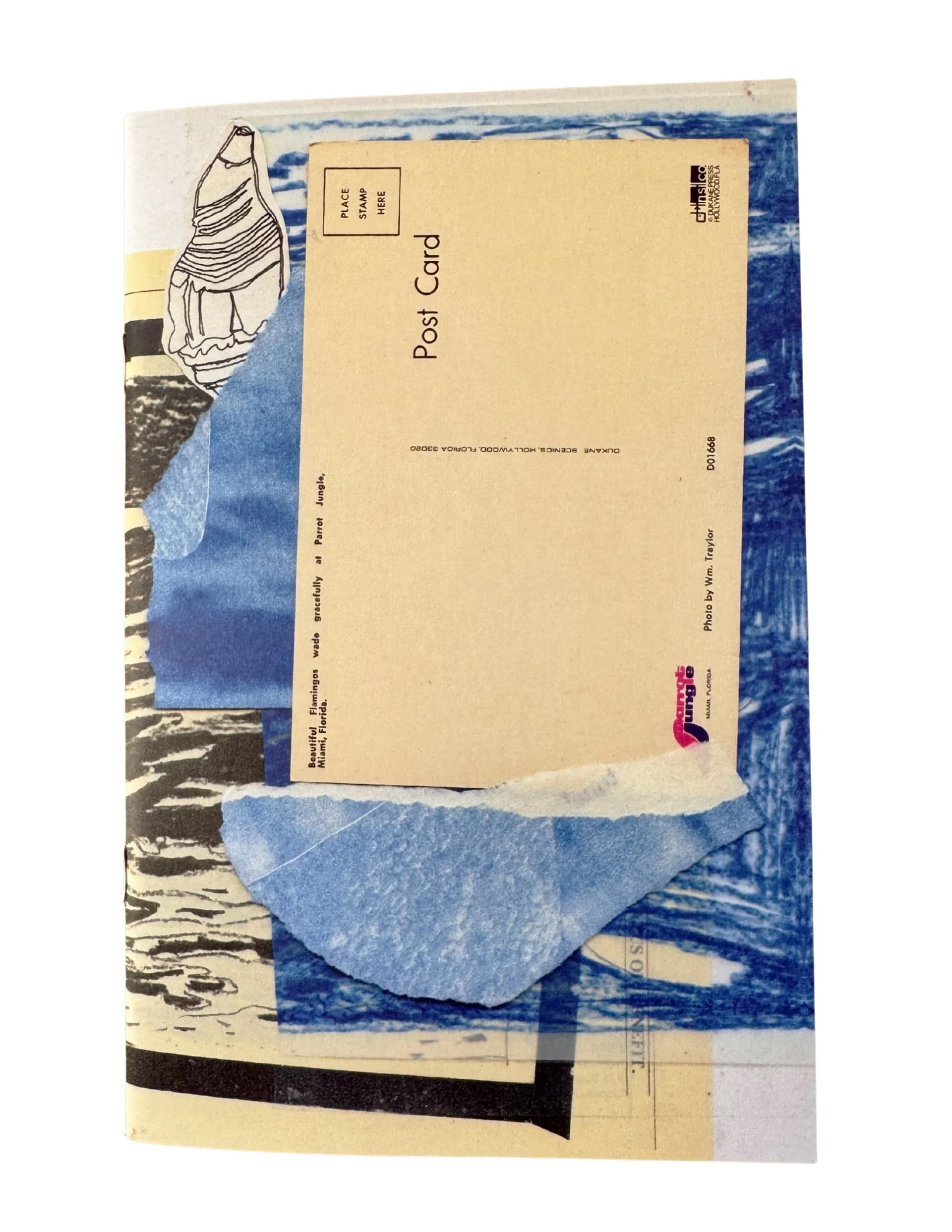 Mixed-media postcard-style composition with blue water imagery, black linear drawing, cream envelope overlay, and layered nautical motifs.