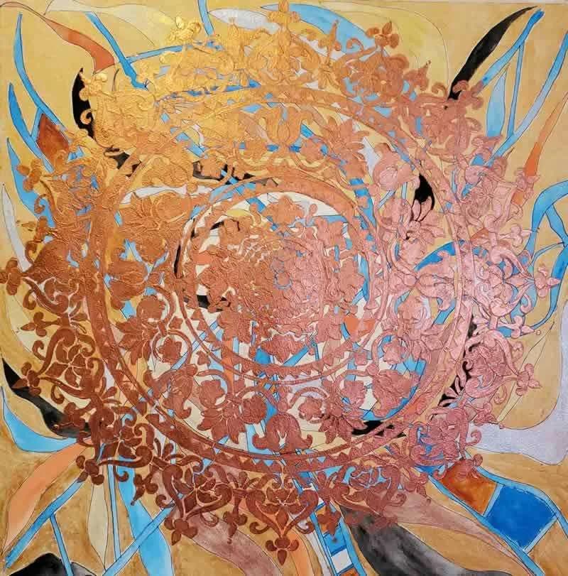 Spiral mandala artwork with multicolored leaf petals radiating from a golden center