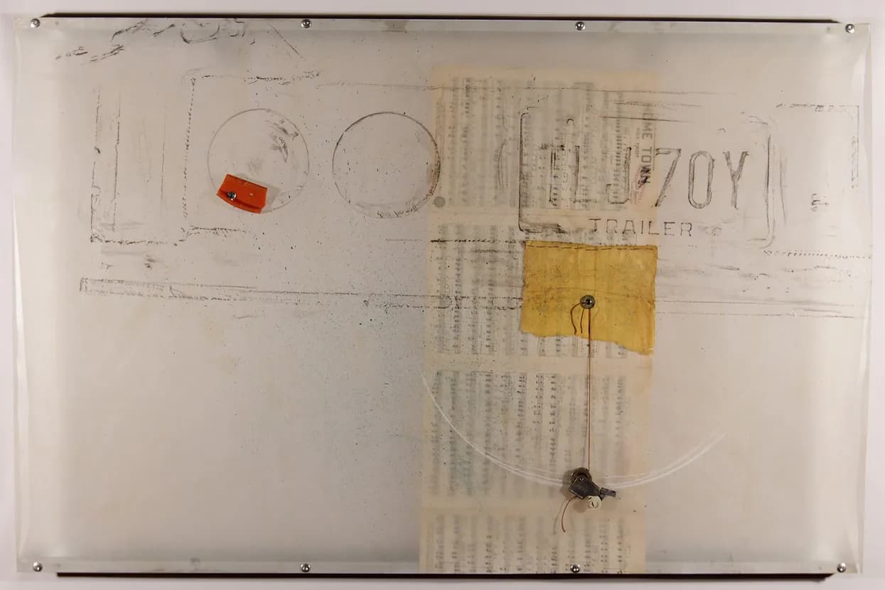Mixed media assemblage with trailer text, found objects, and drawing on translucent panel