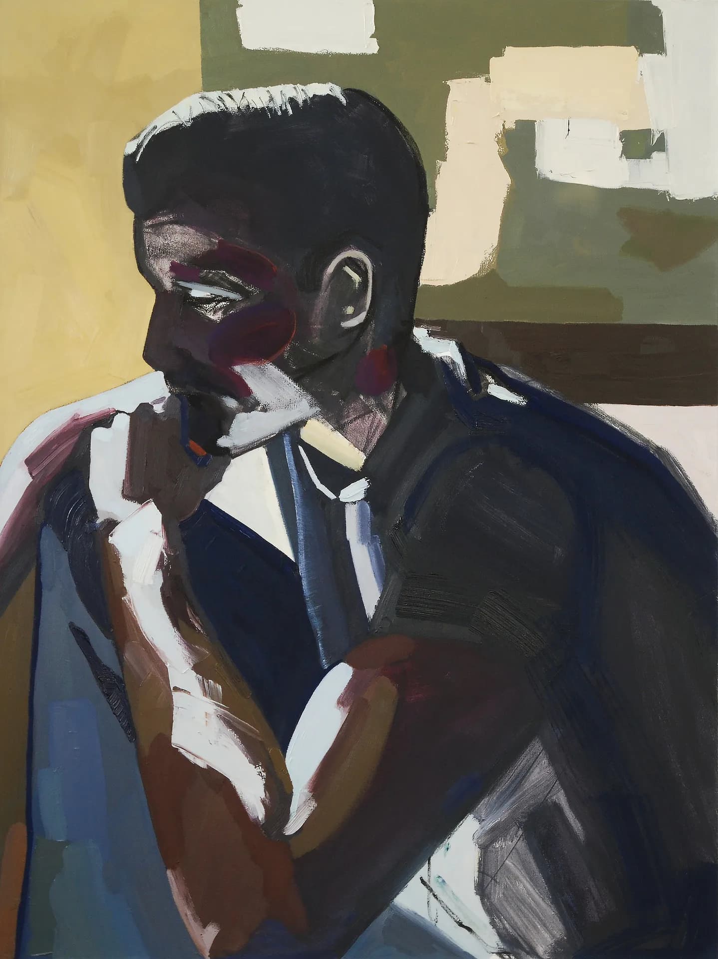 Painterly portrait of a seated male figure in dark tones against a geometric background