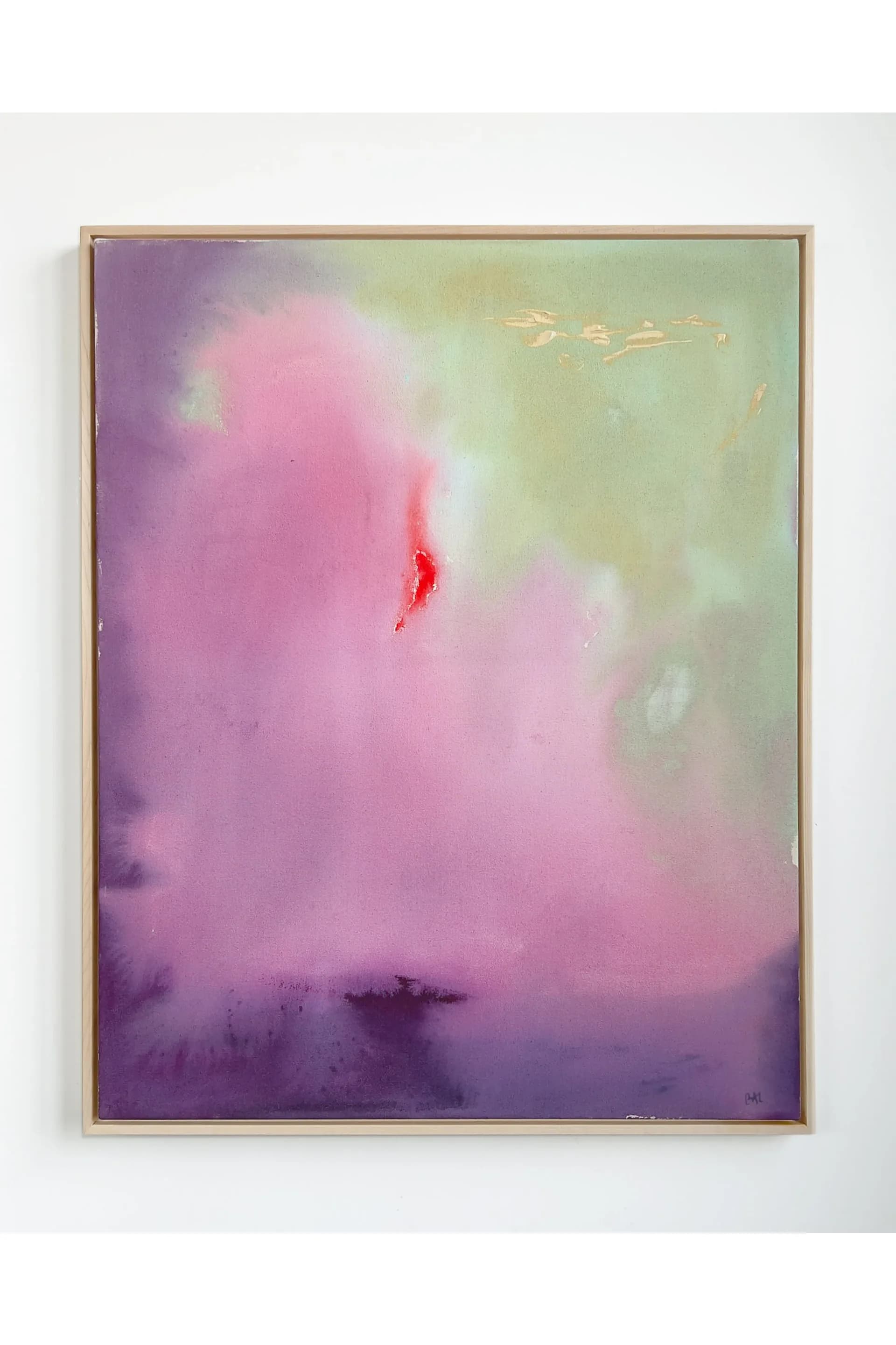 Large abstract painting with soft pink and lavender washes, mint green upper field, and small red accent mark at center
