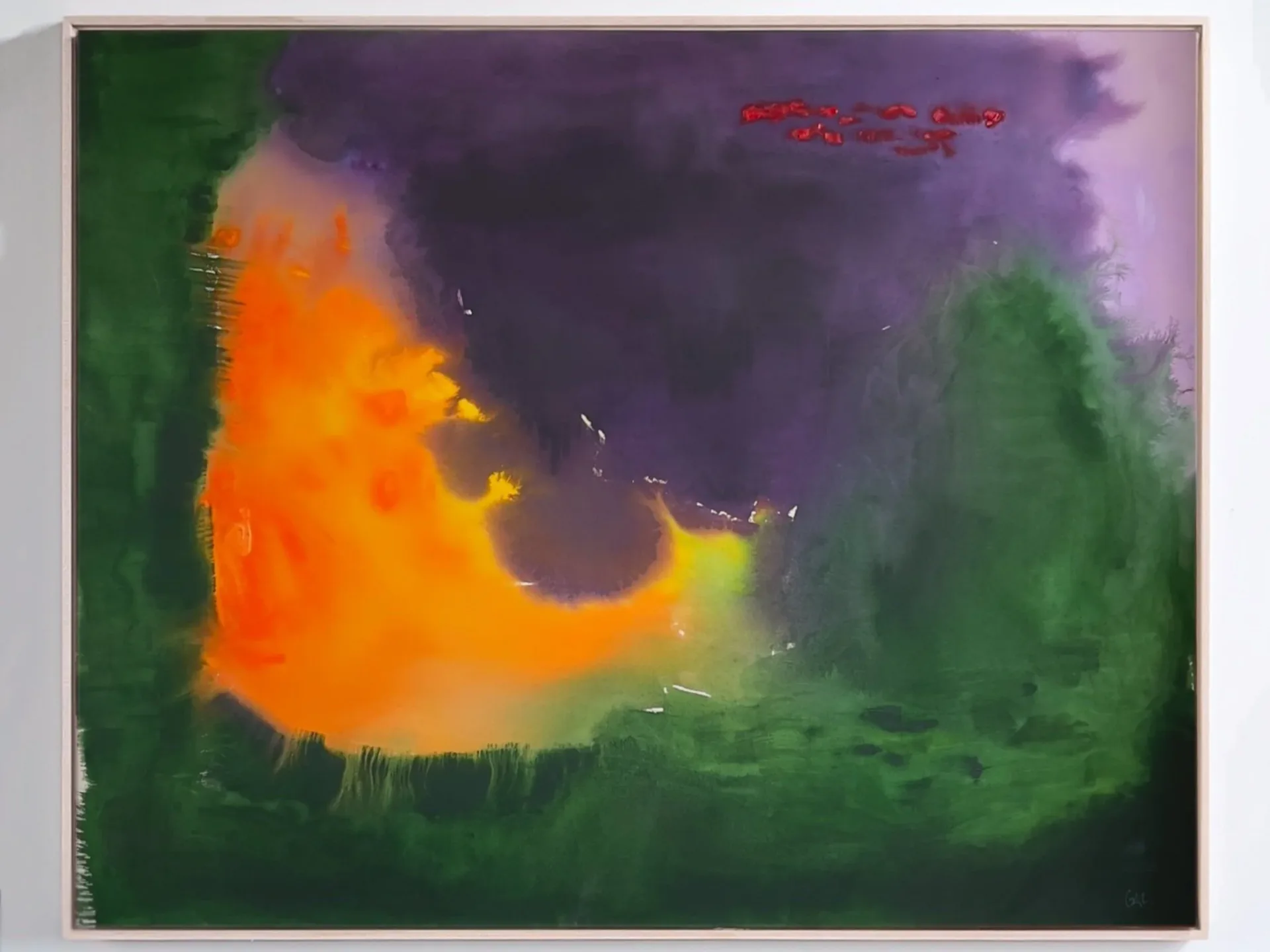 Bold abstract painting with vivid orange and yellow flame-like form against deep green and purple field