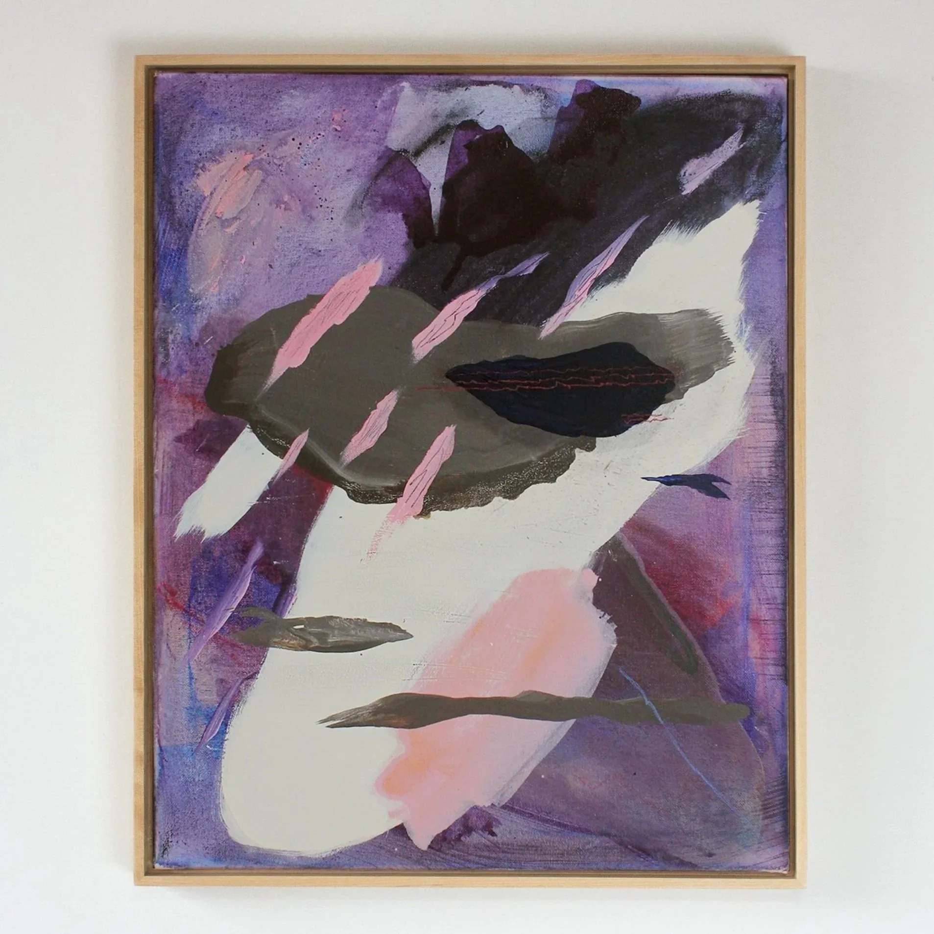 Abstract painting with deep maroon vortex form and glowing pink orb at center against dark purple and orange flanking edges