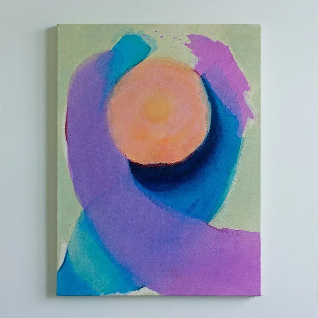 Large abstract painting with dynamic pink and crimson gestural mass, dark swooping form, and orange golden cloud on white ground