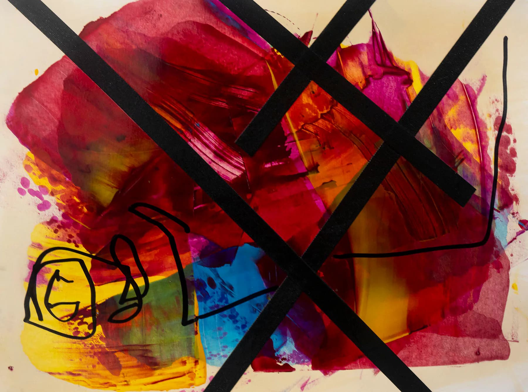 Abstract mixed-media work with vibrant reds, magentas, yellows and blues overlaid with bold black tape lines and gestural ink drawing