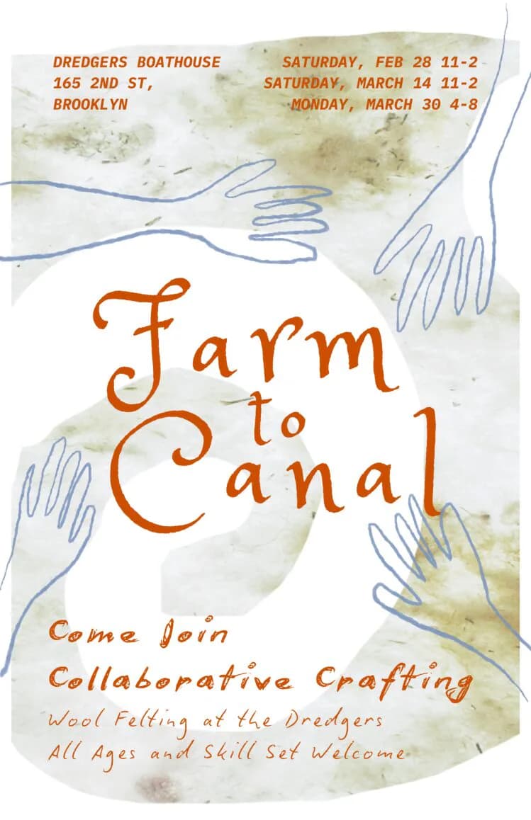 Farm to Canal collaborative wool felting event poster with hand-drawn blue line art hands on textured paper background