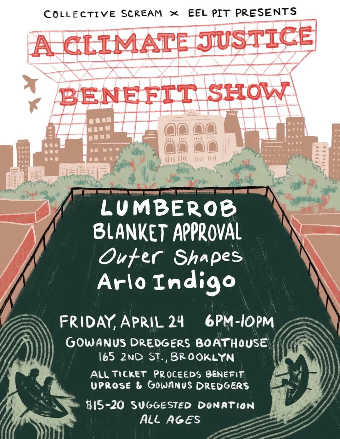 Illustrated poster for A Climate Justice Benefit Show with hand-drawn cityscape and kayakers in warm earth tones