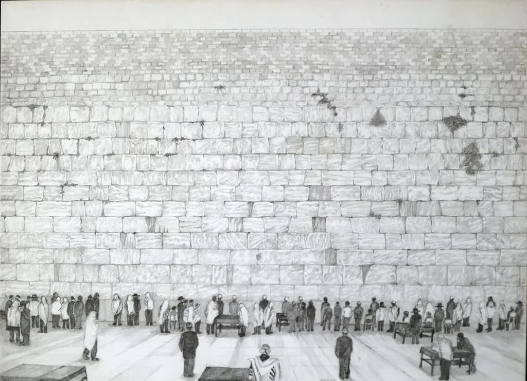 Large-scale pencil drawing of the Western Wall with worshippers gathered below