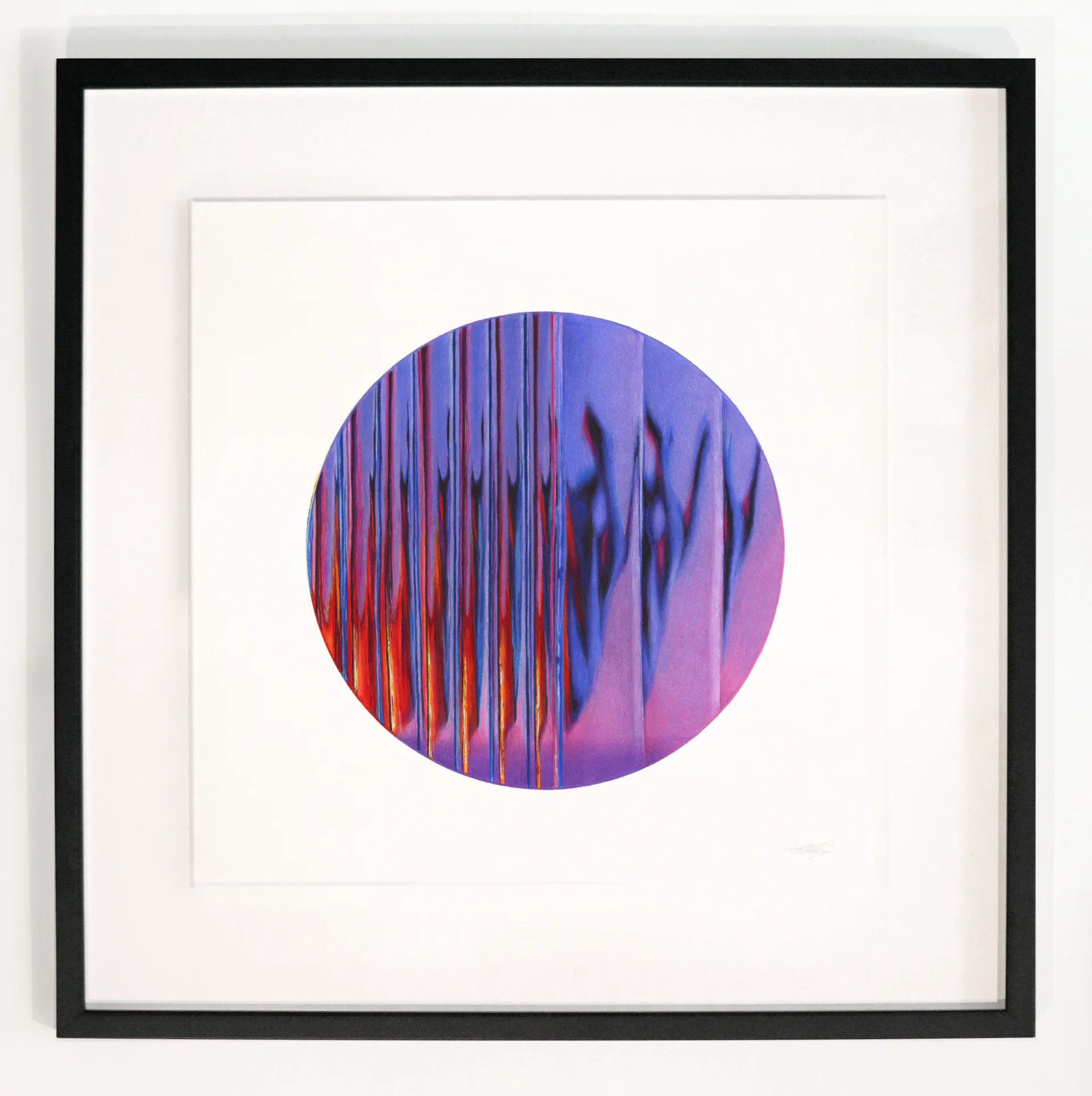 Abstract circular artwork with purple and red vertical streaks on white background