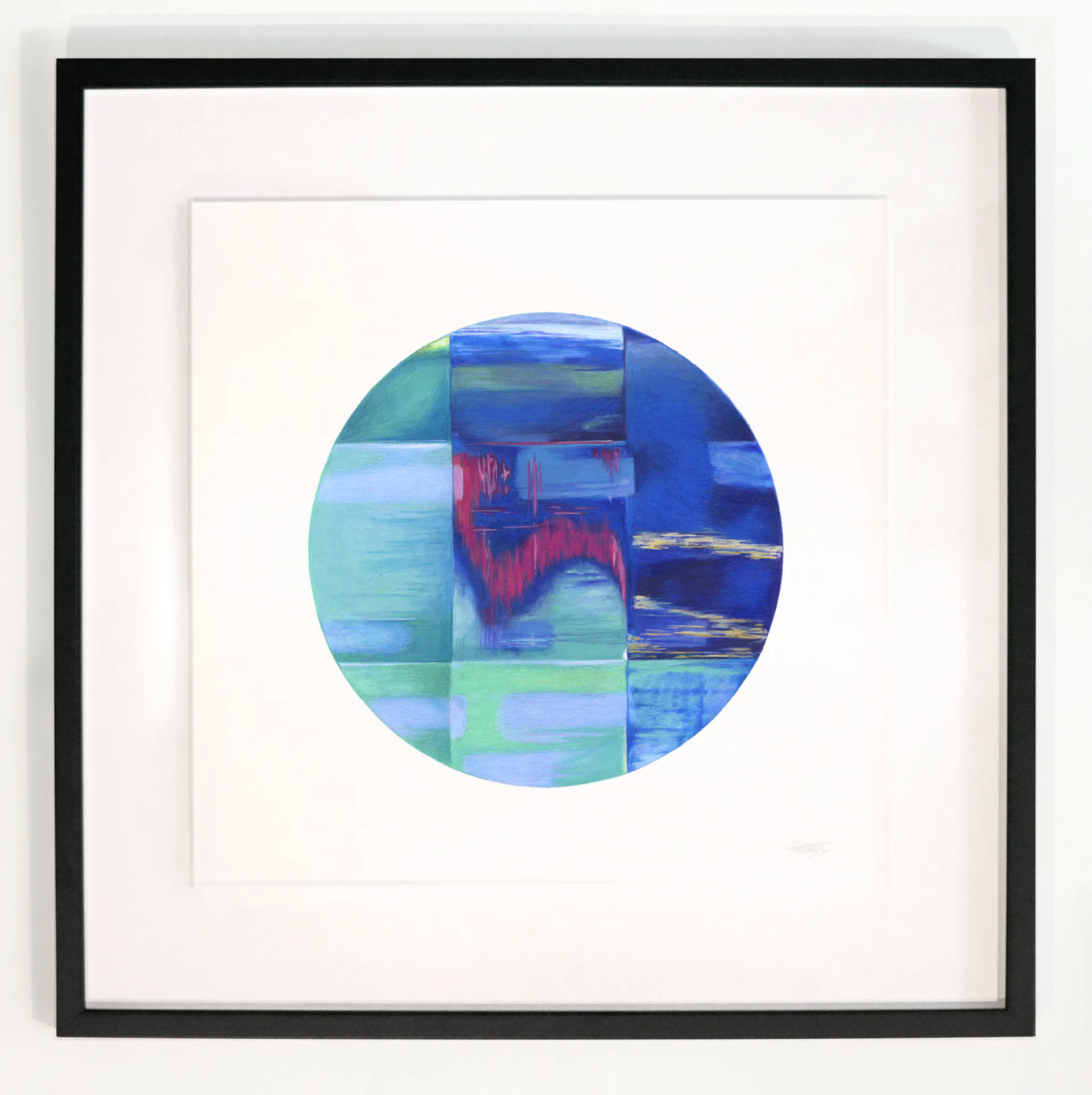 Abstract circular artwork with blue and teal grid-like brushstrokes and crimson accent