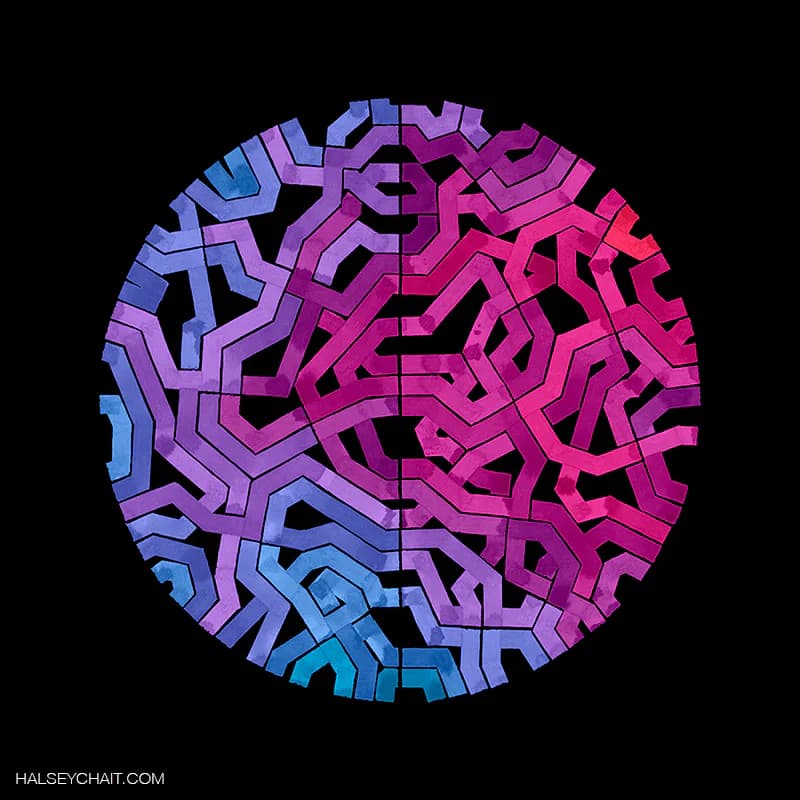 Circular abstract artwork with interlocking maze-like geometric patterns in blue, purple, and magenta on black background