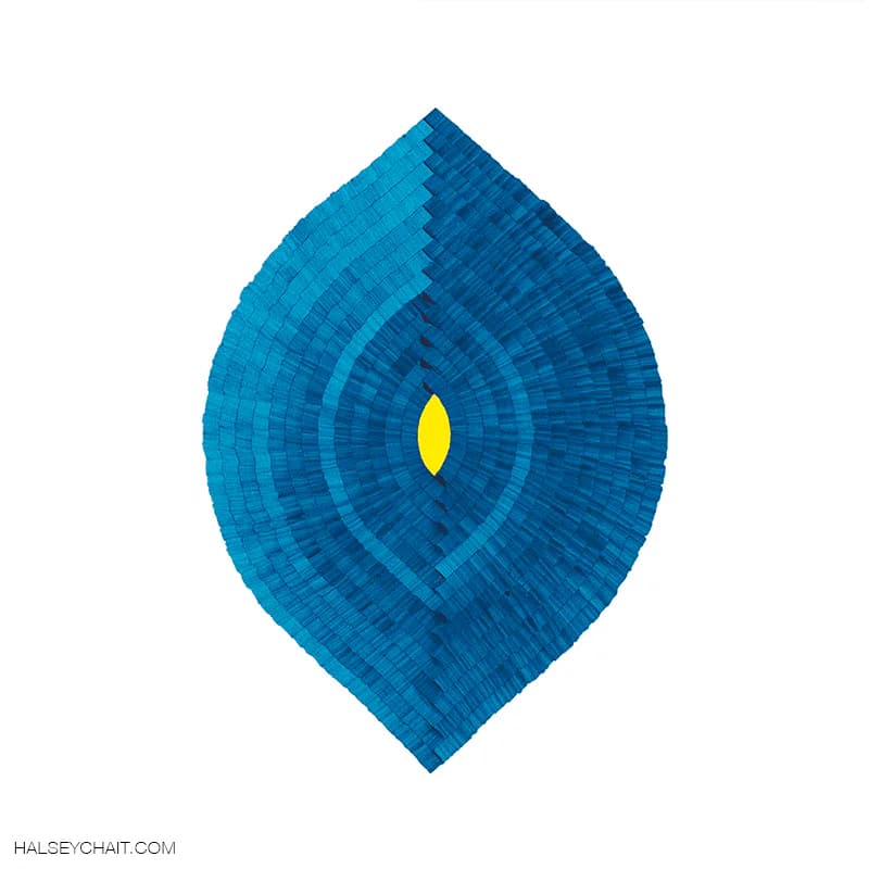 Blue leaf or eye-shaped layered paper sculpture with yellow center on white background