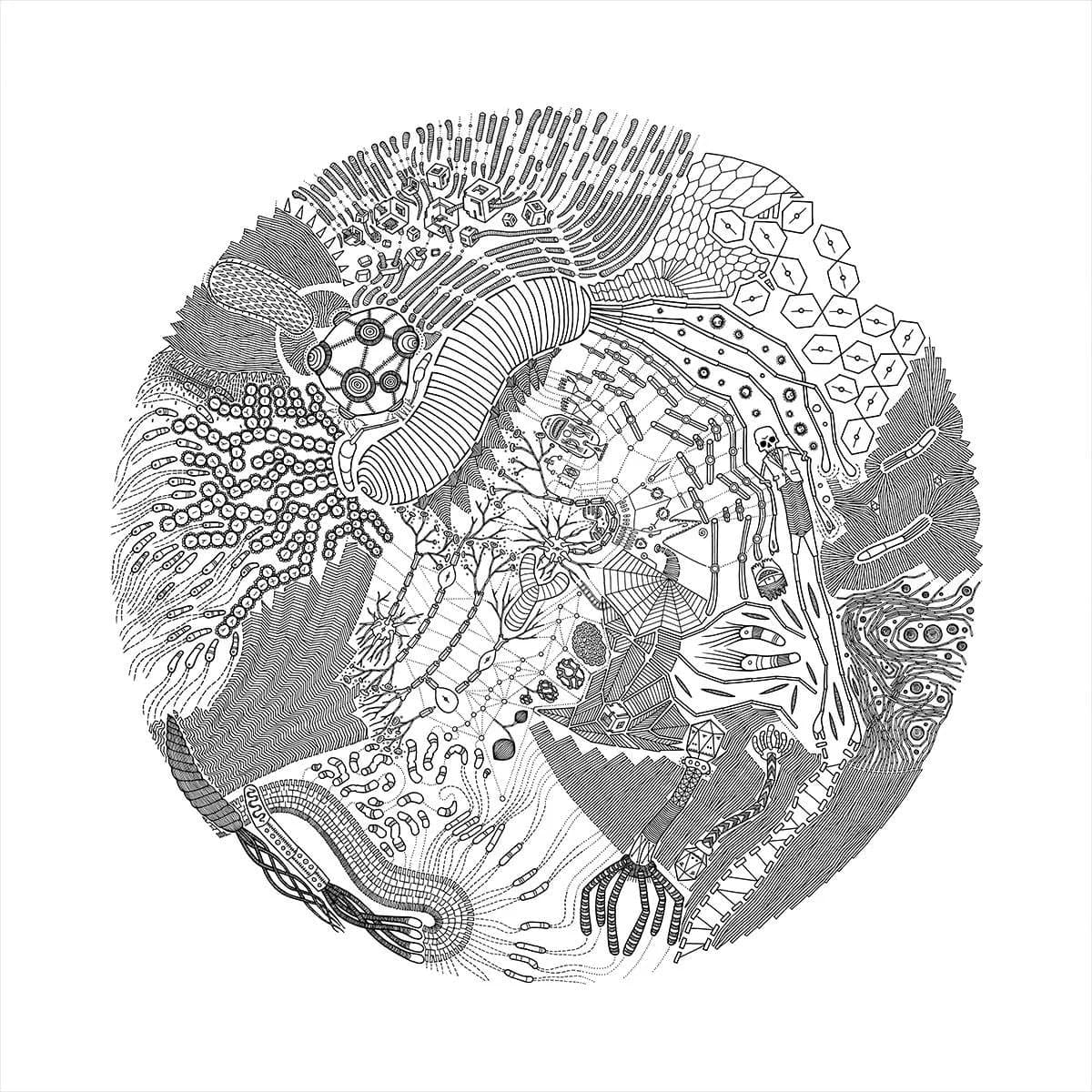 Intricate black and white ink drawing in circular format combining mechanical gears, organic patterns, and detailed line work by Halsey Chait.