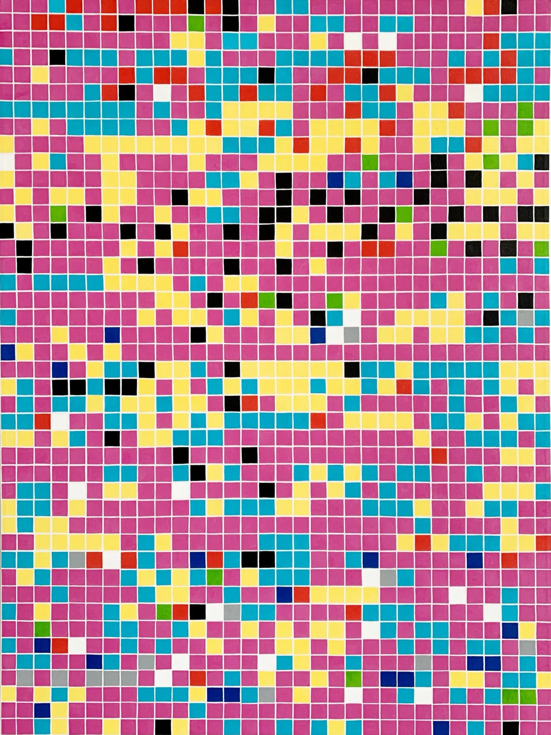 Large-scale grid painting with vibrant multicolored pixel-like squares in magenta, yellow, cyan and black