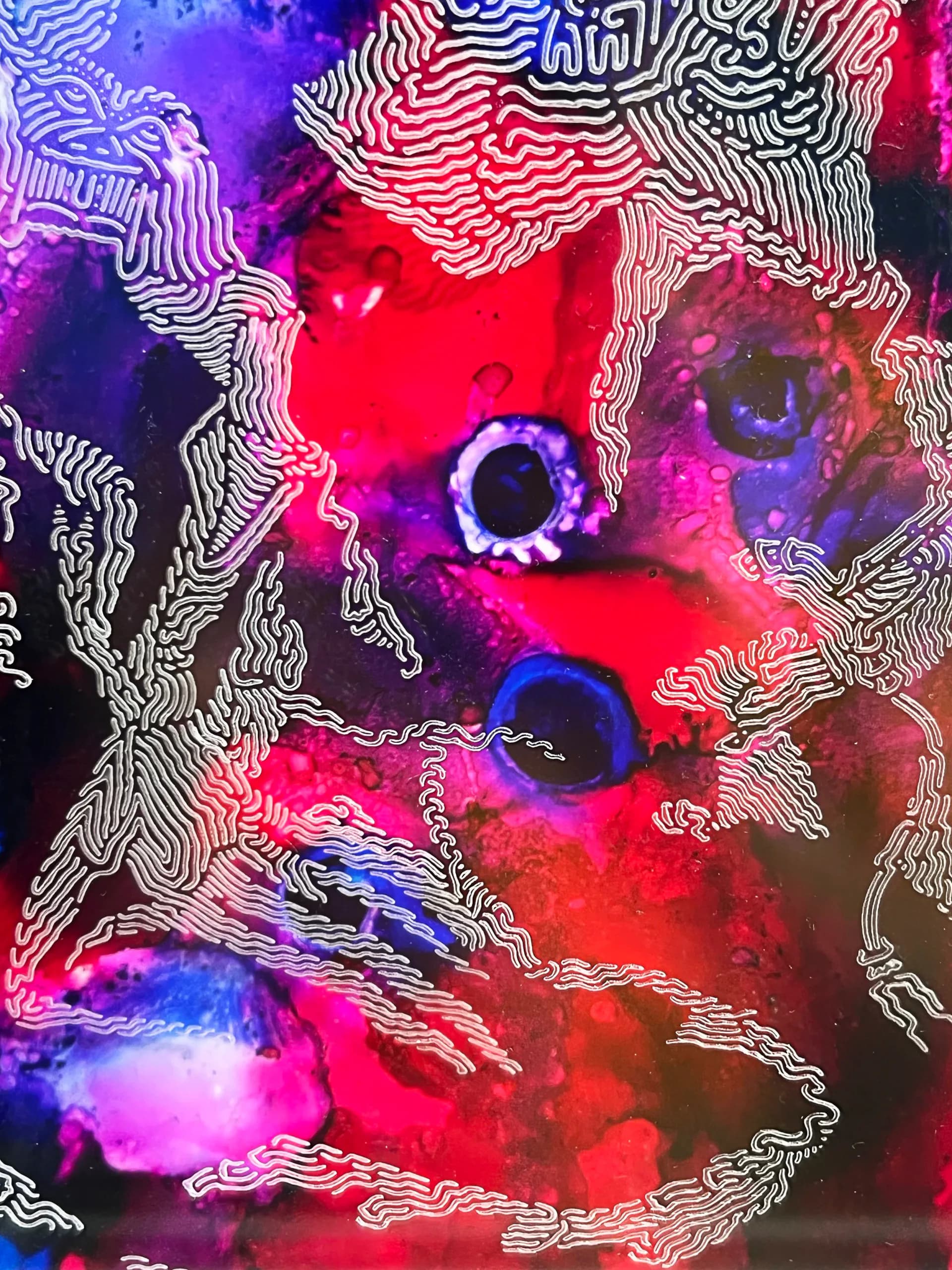 Abstract mixed media artwork with vivid red, purple, and blue tones overlaid with intricate white line work