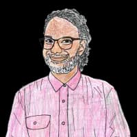 Illustration of a bearded man with glasses wearing a pink collared shirt.