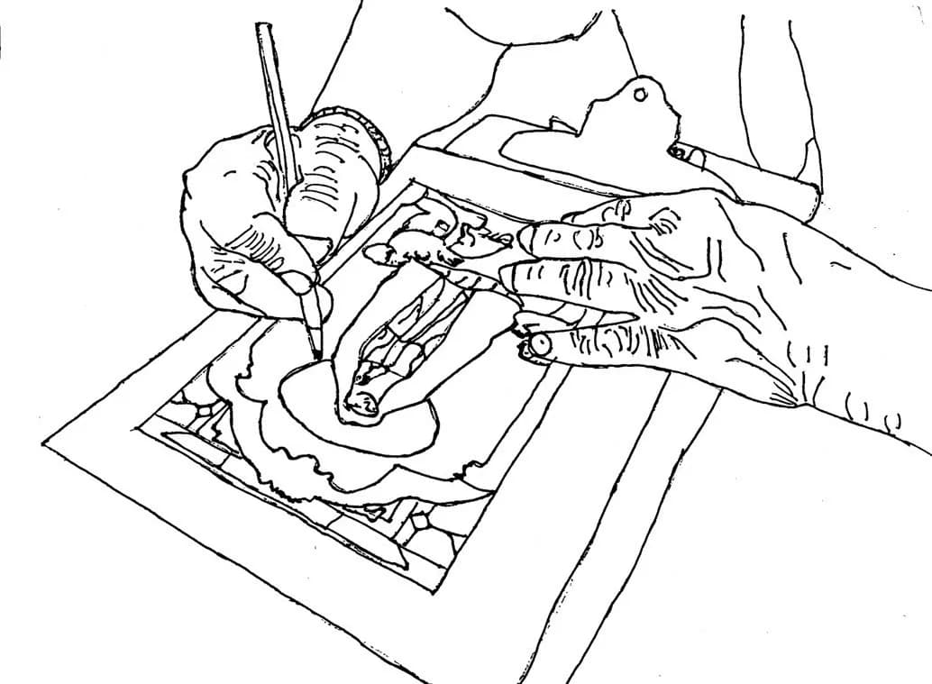 Line drawing of hands preparing food on a plate, sketch-style illustration with black ink.