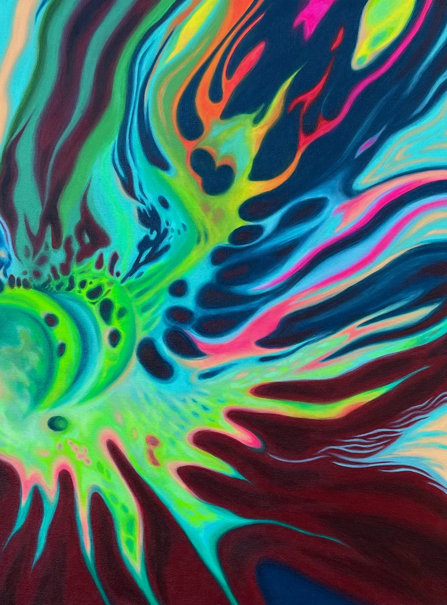 Dynamic abstract painting with neon greens, magentas, yellows, and dark navy swirls creating an energetic, liquid effect.