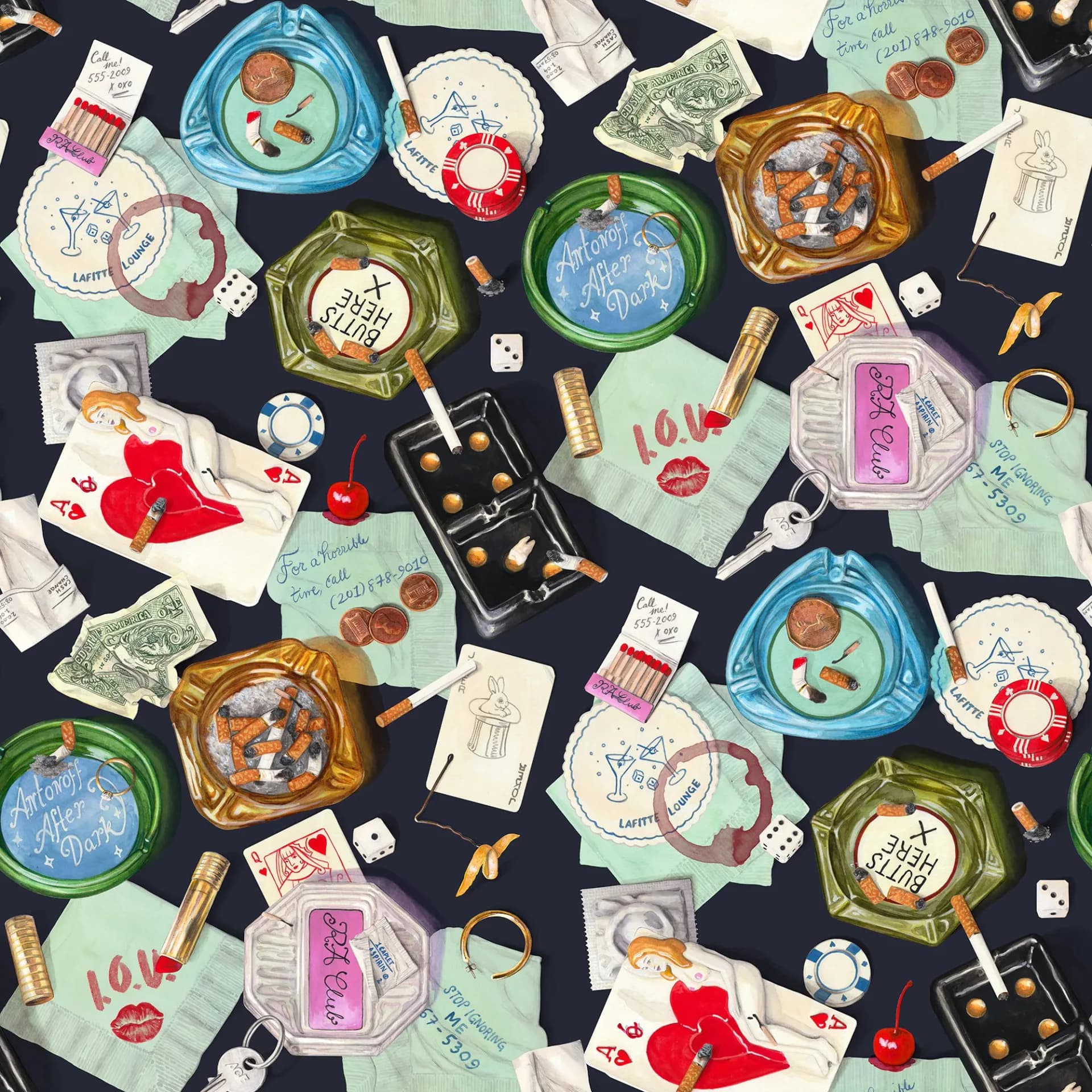 Flat-lay collage featuring colorful glass ashtrays, playing cards, handwritten notes, dice, red flower petals, and vintage objects on dark background.