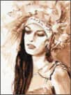 Woman with headdress, sepia ink drawing titled Exhale