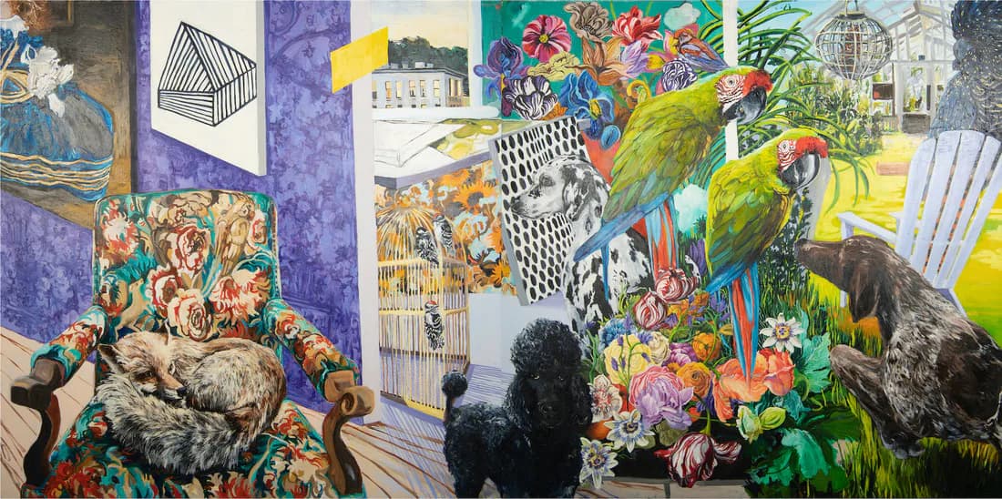 Large-scale mural by Heidi L. Johnson depicting vibrant wildlife, birds, parrots, and architectural elements in bold colors and intricate detail.