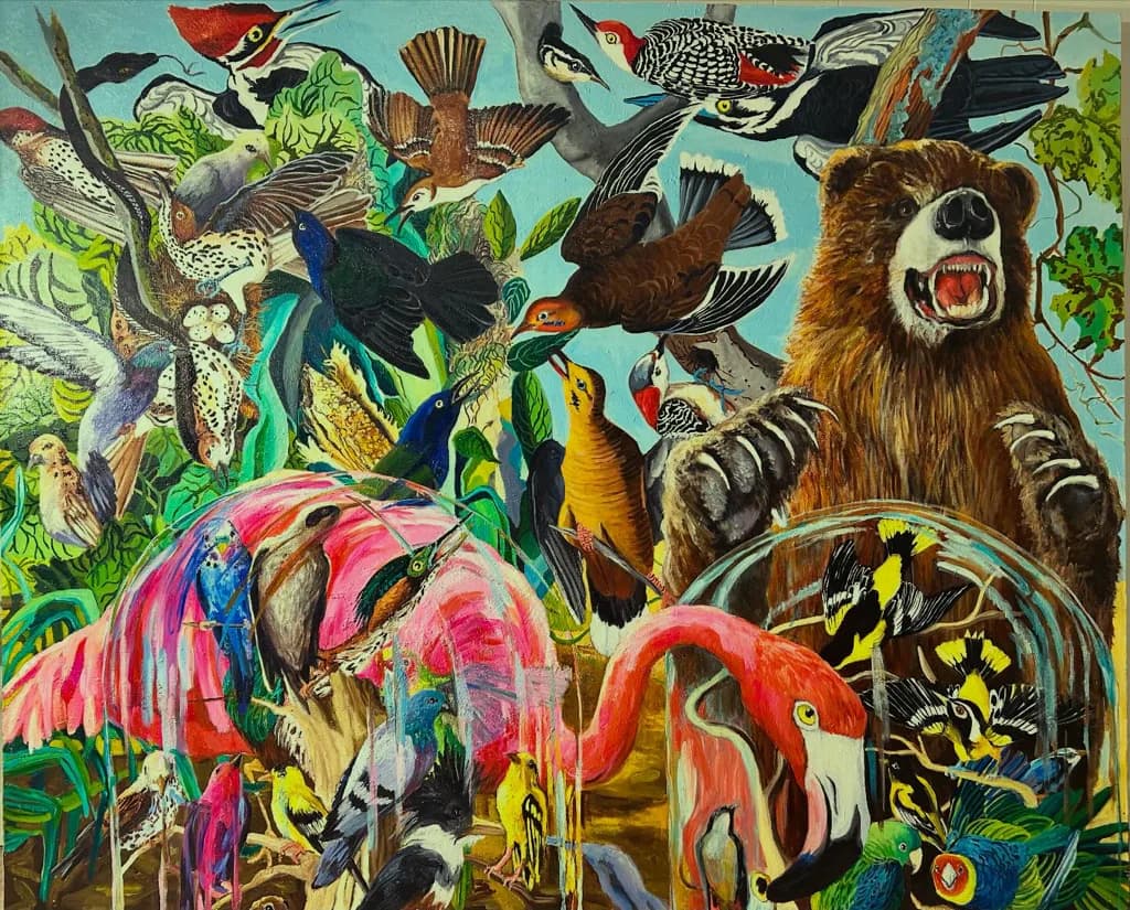 Mixed-media painting by Heidi L. Johnson featuring aggressive bears, colorful birds, pink flamingos, and vibrant forest imagery on turquoise background.