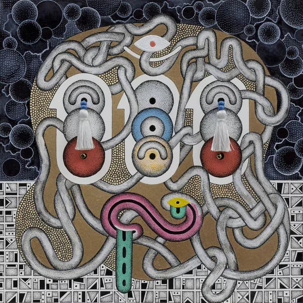Intricate mixed-media artwork featuring interlocking chain-like forms with eyes and serpentine shapes on a gold and black dotwork background