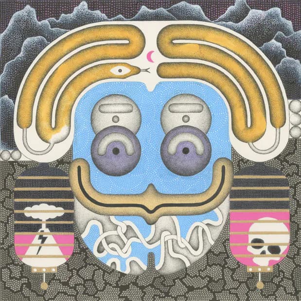 Surreal mask-like face artwork with golden serpentine horns, purple eyes, and flanking lantern motifs on a dark dotwork background