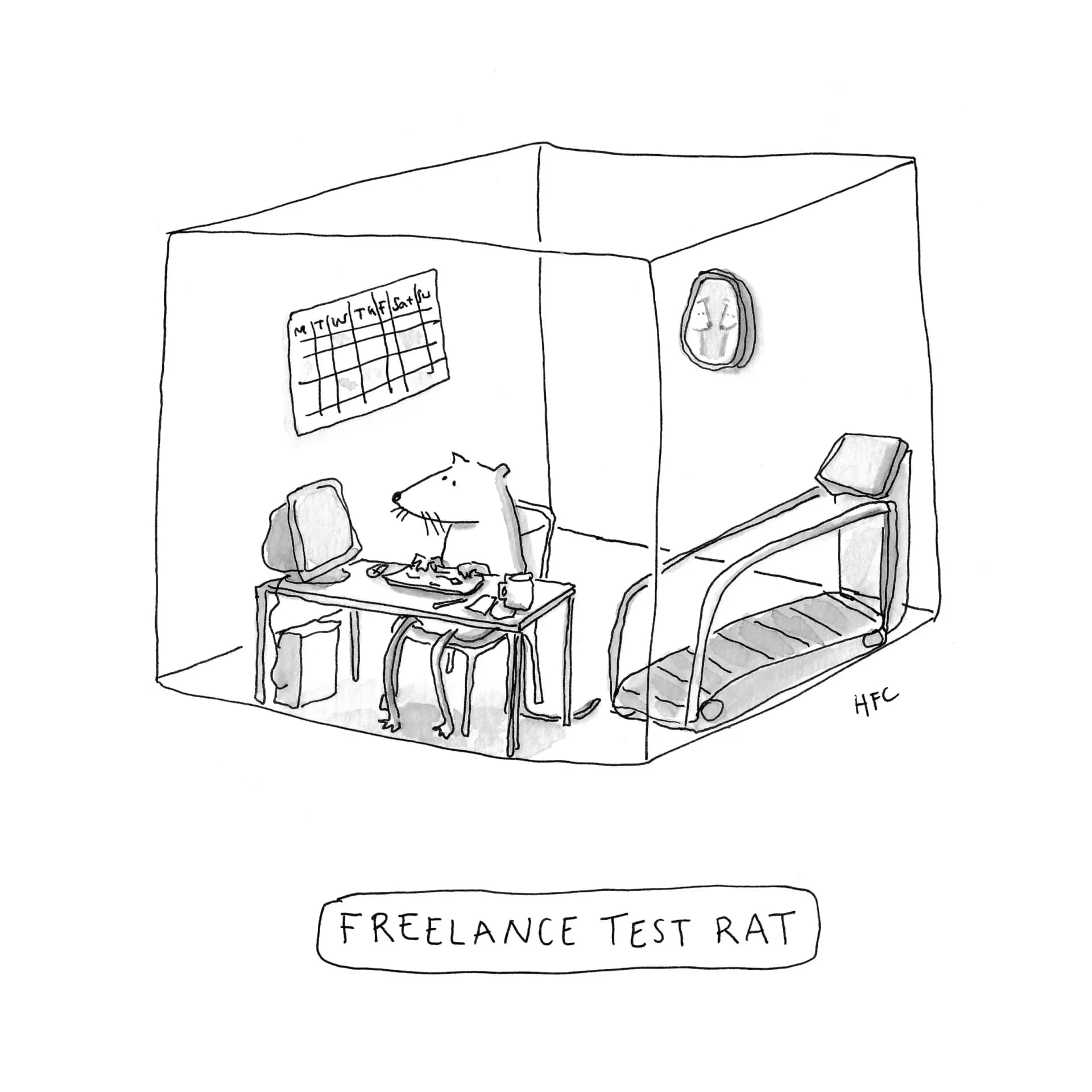 Freelance Test Rat - New Yorker style cartoon of a rat working at a desk in a lab cube