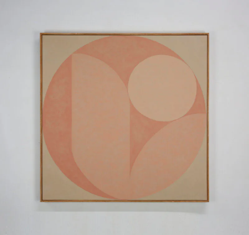 Abstract geometric painting with pink and salmon circles and arcs on beige canvas