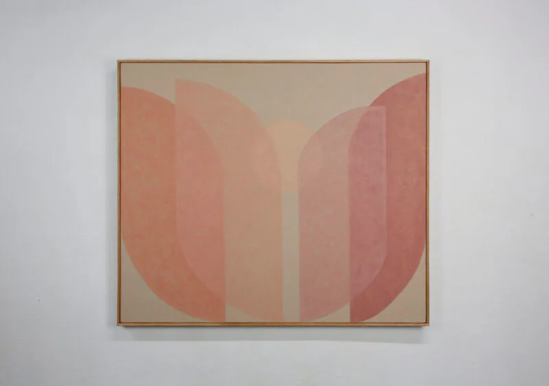 Abstract painting with rose-pink symmetrical arch forms on beige canvas