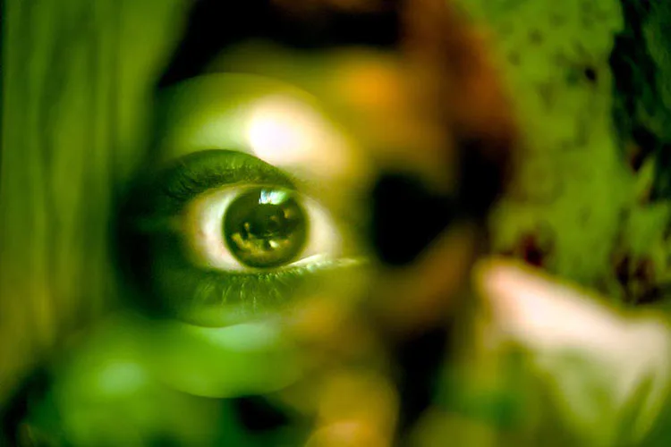 Macro photograph of a frog's eye in vivid green, with reflected light creating a bright spiral pattern in the pupil.