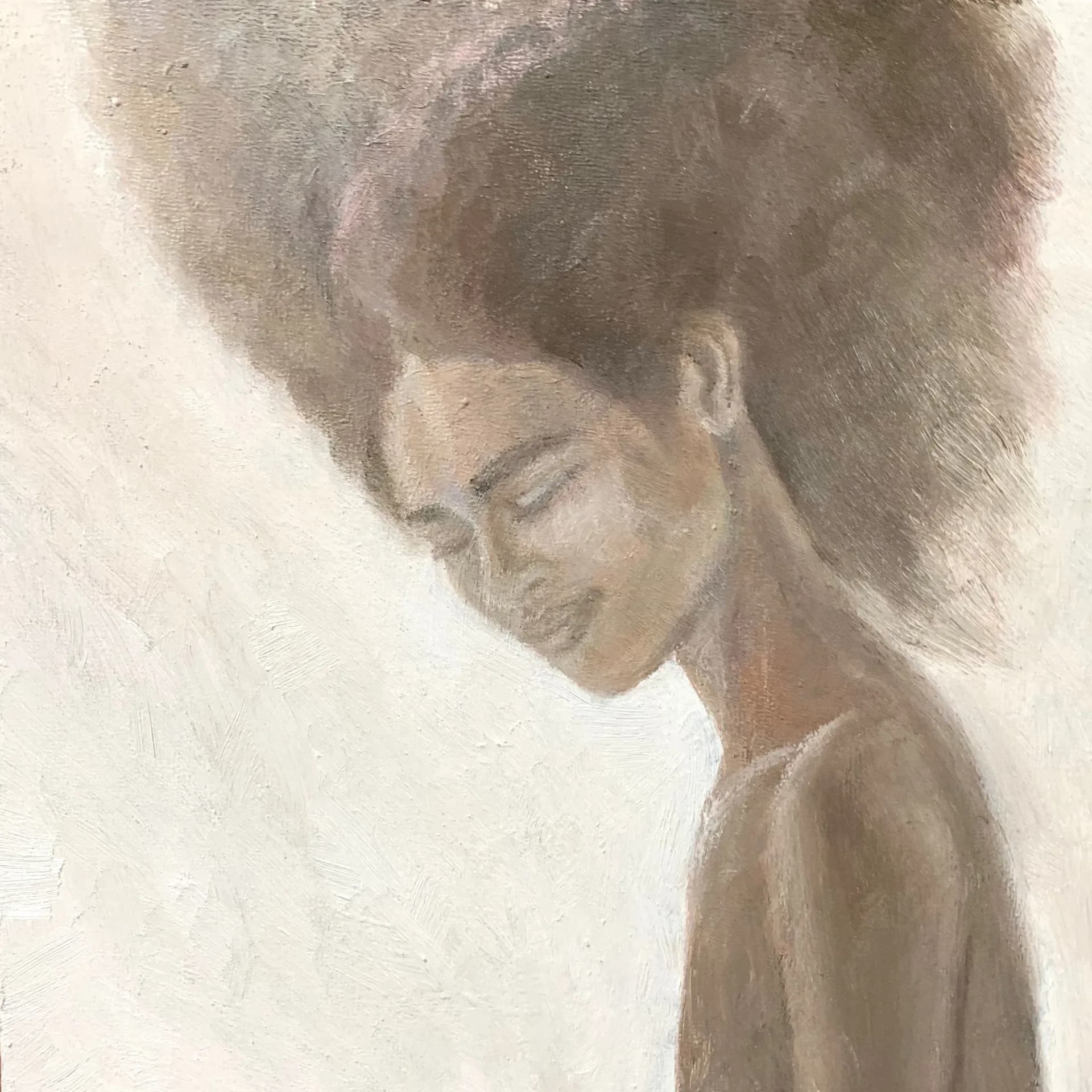 Soft-focus portrait painting of a person in profile with voluminous dark hair against a light background, executed in muted earth tones.