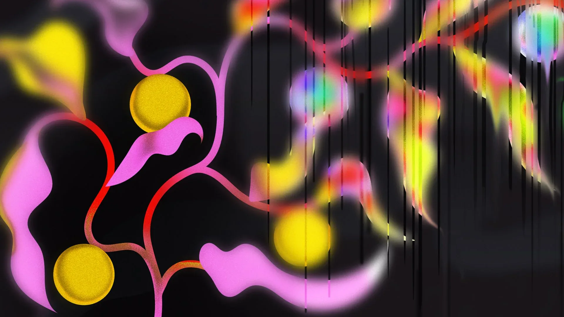 Digital illustration of vibrant neon botanical forms with glowing orbs and plant tendrils on a dark background with glitch stripe effects