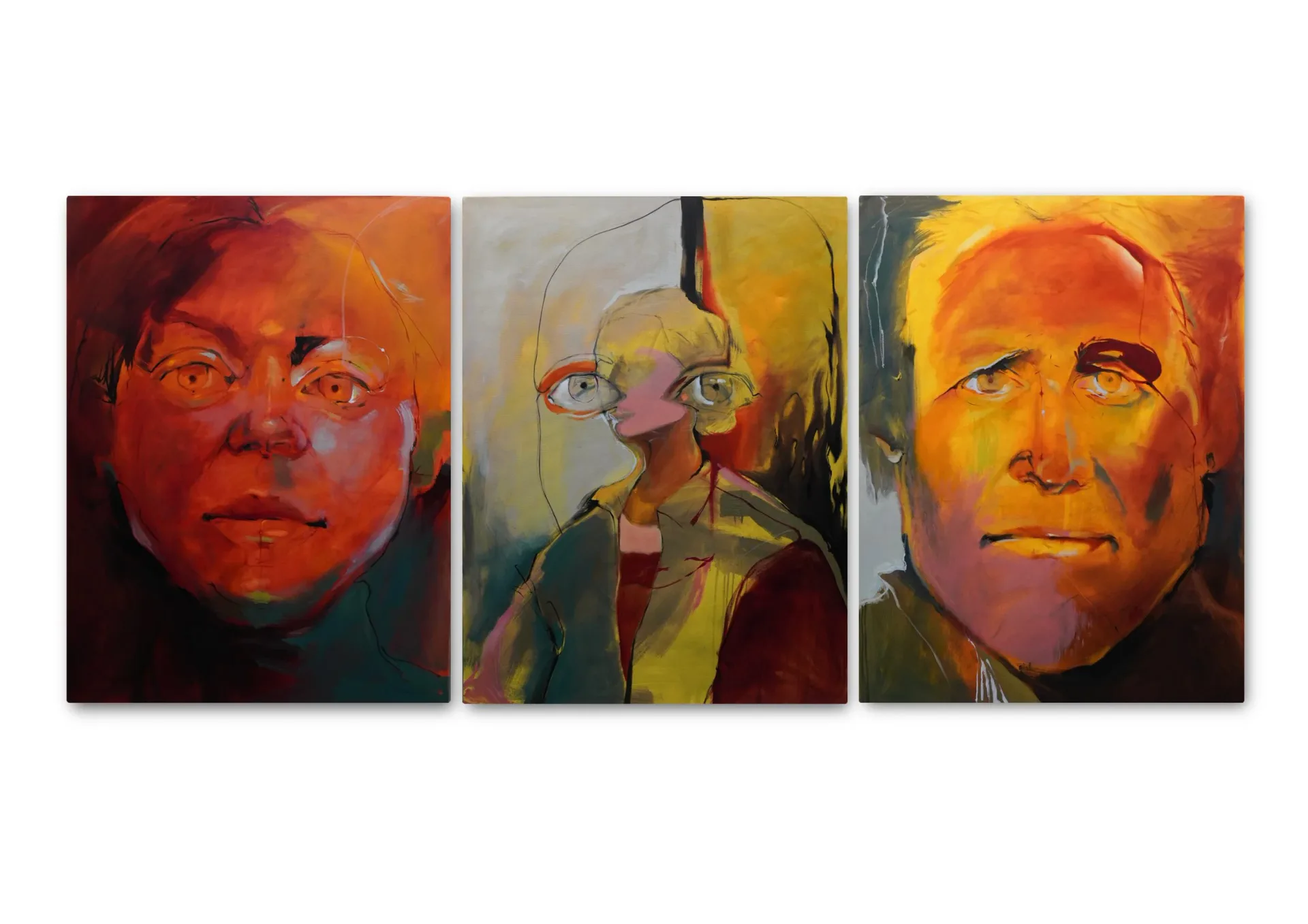 Triptych portrait painting in fiery reds and oranges showing three expressive faces