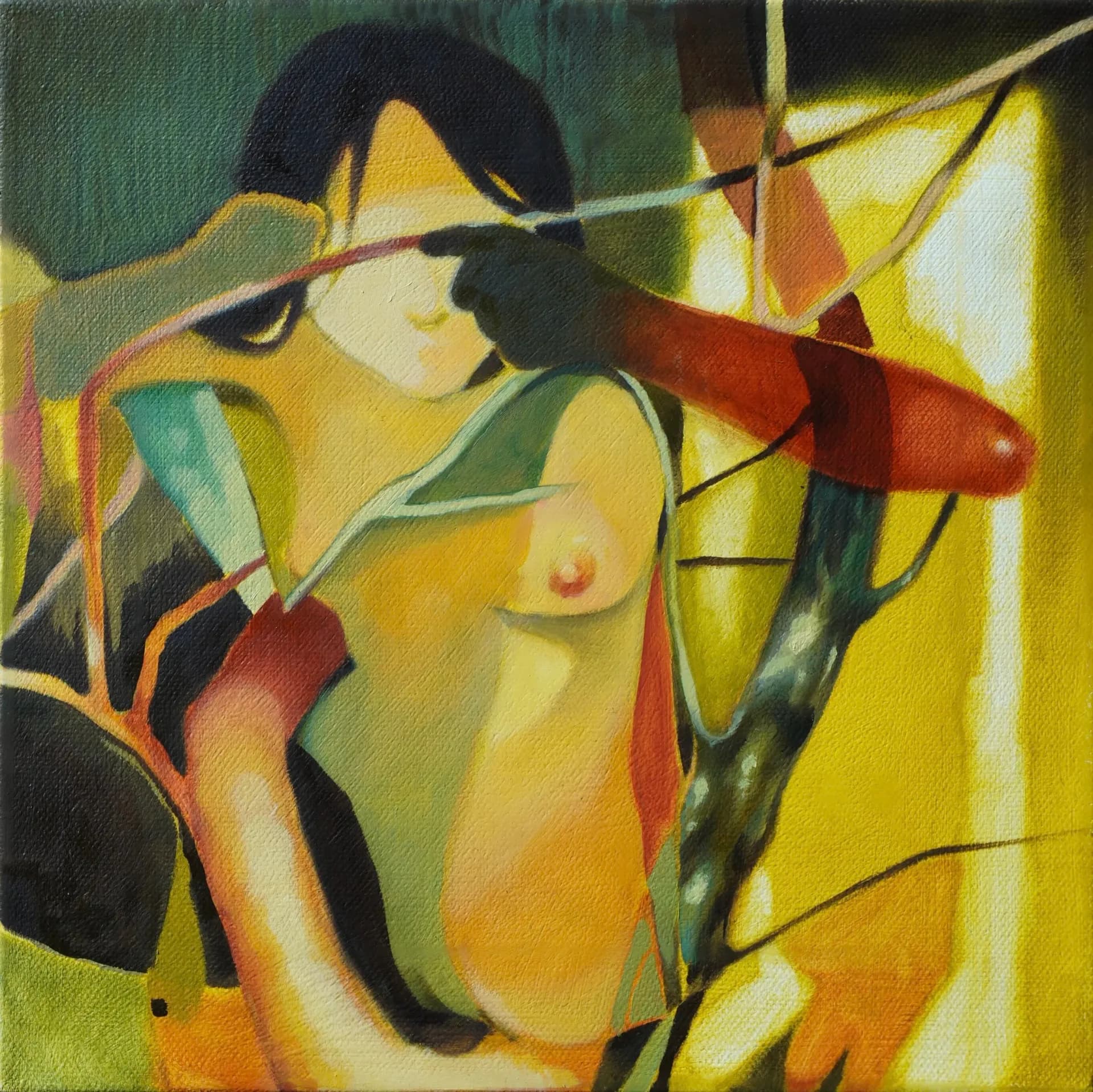 Semi-abstract oil painting of a nude female figure with yellow and green abstract surroundings