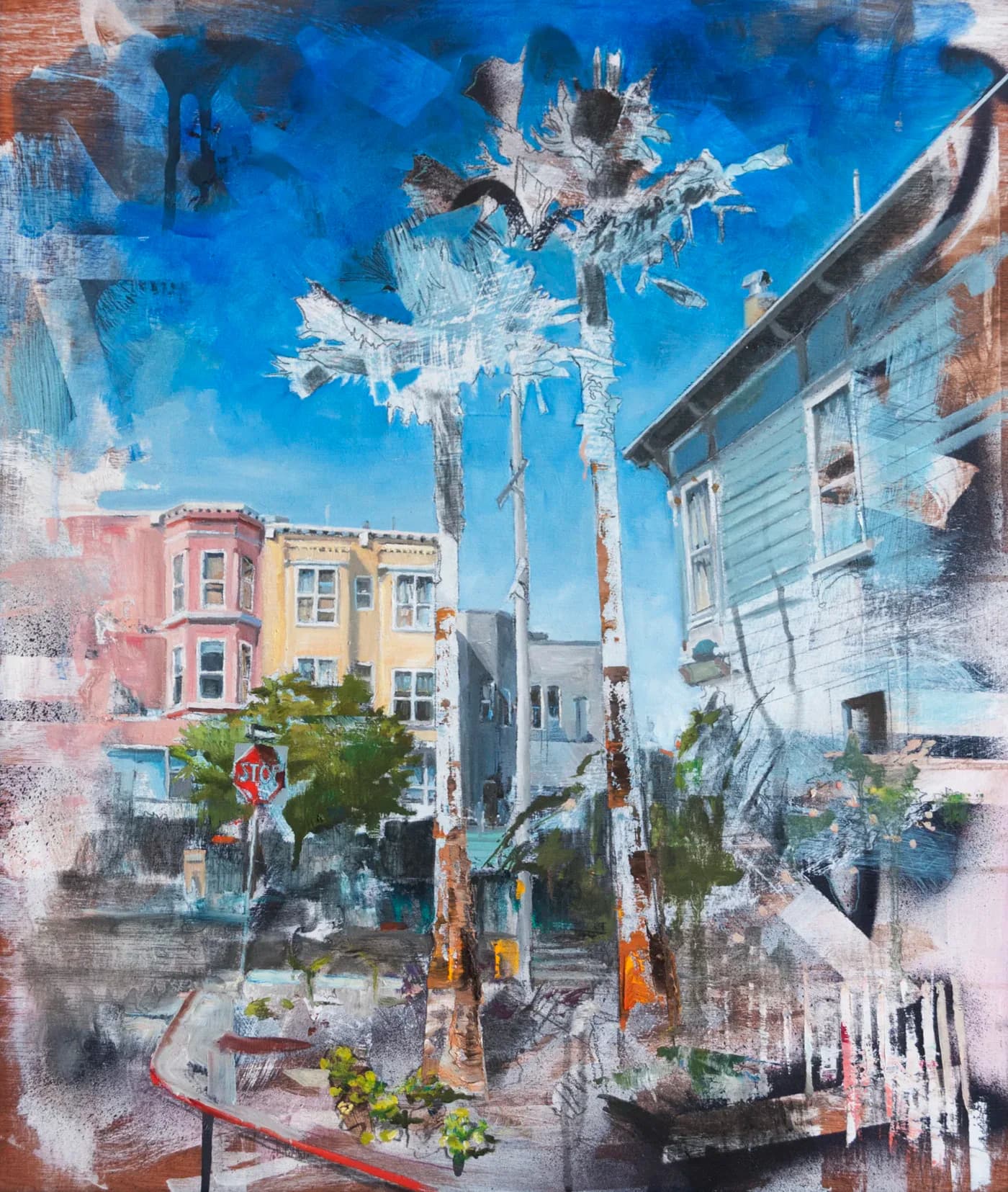 Urban street painting by Isaiah Gulino showing colorful buildings and palm trees with layered blue sky and abstract marks.