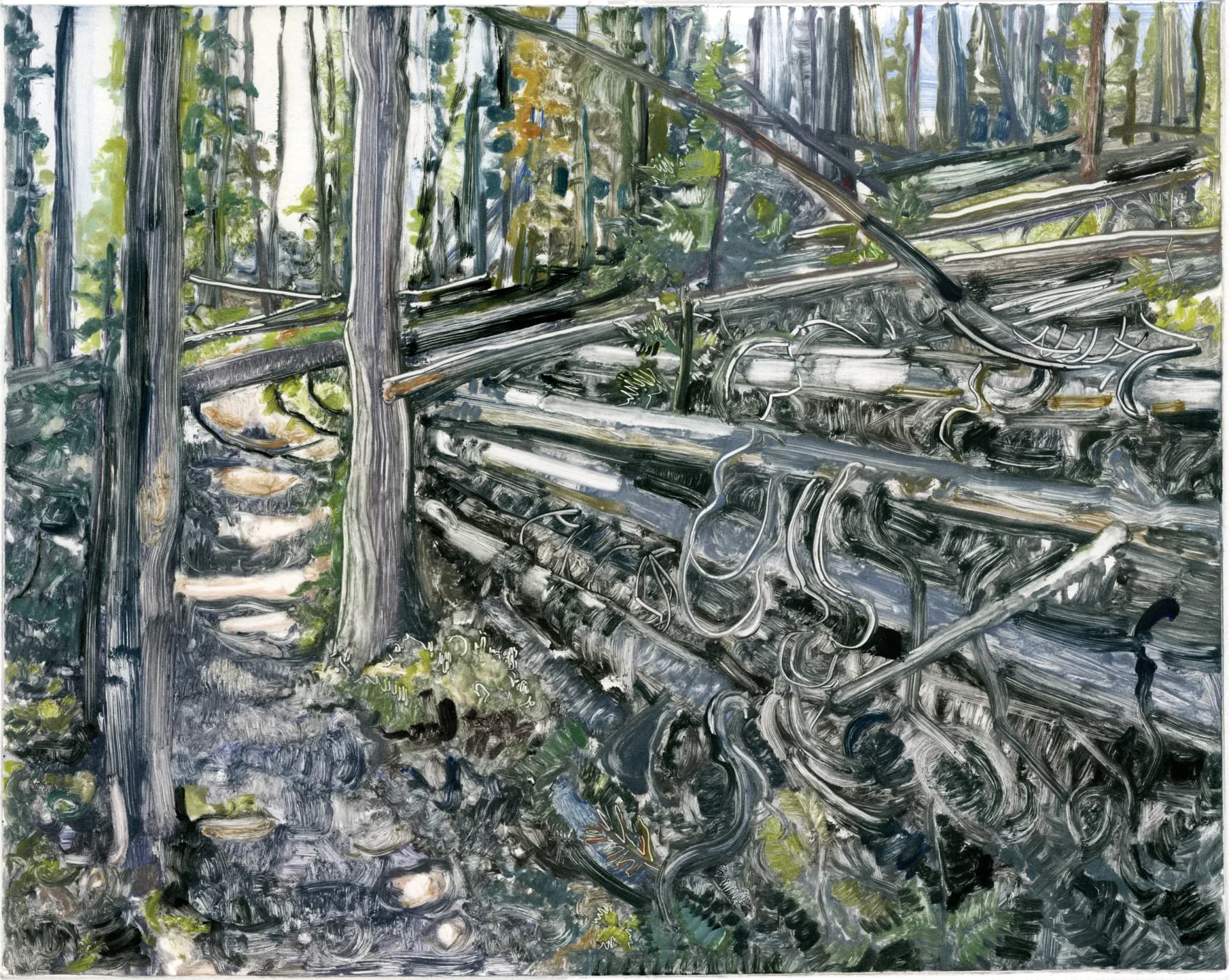 Monotype painting of fallen logs and forest path with swirling painterly marks