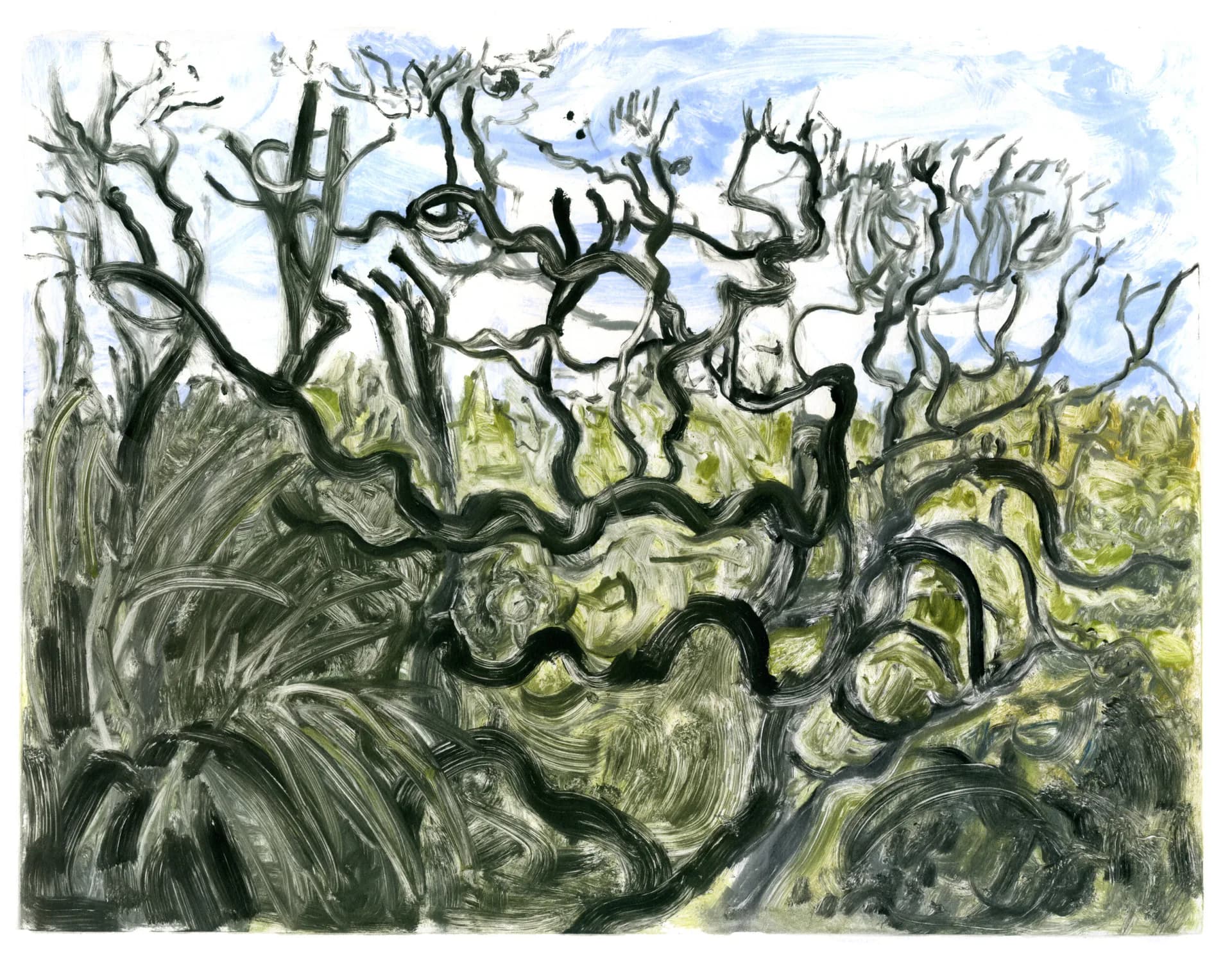 Monotype painting of gnarled, twisted trees against a blue sky with lush green undergrowth