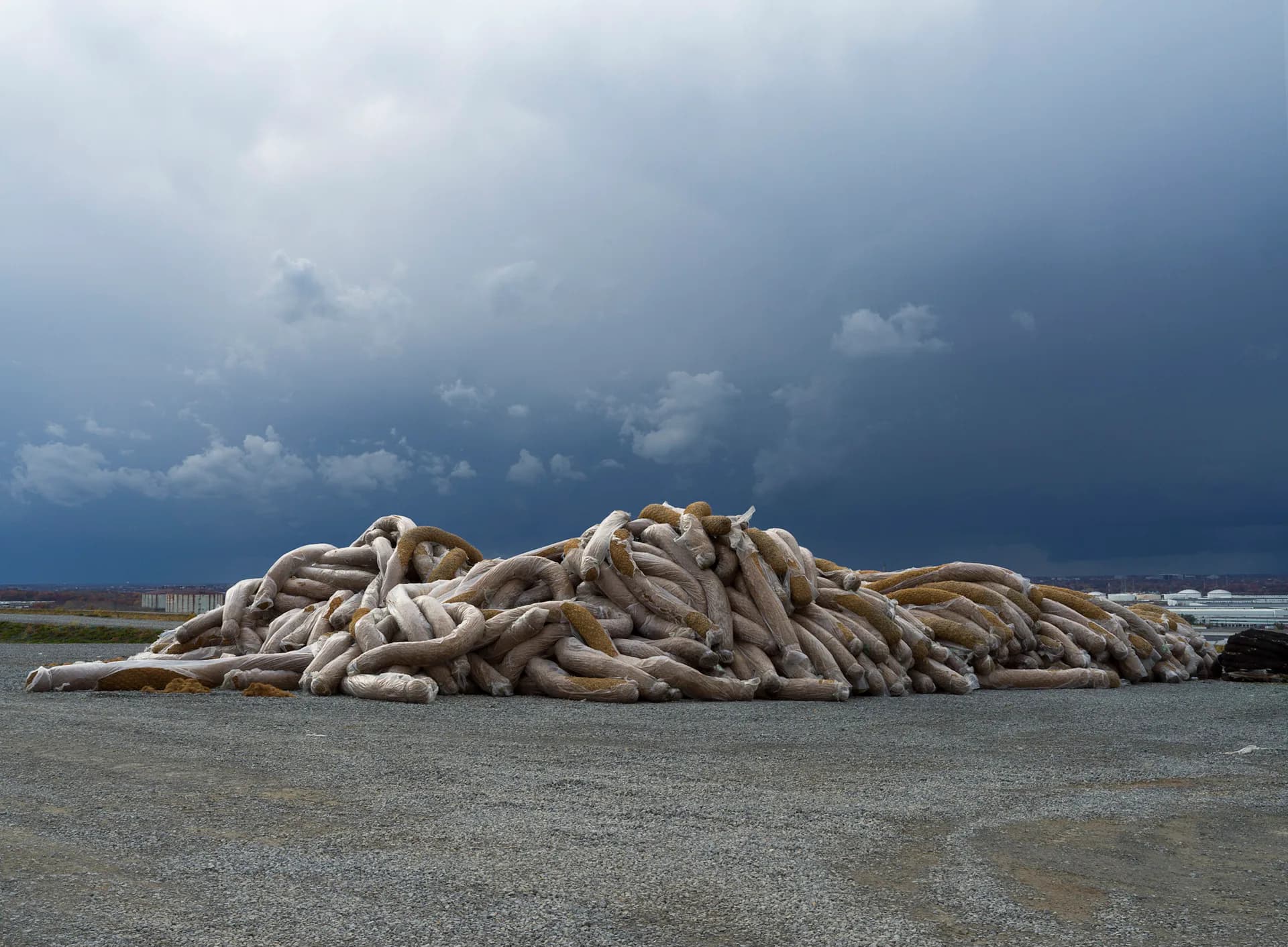 Large pile of bundled fabric tubes under a dramatic stormy grey sky at Freshkills