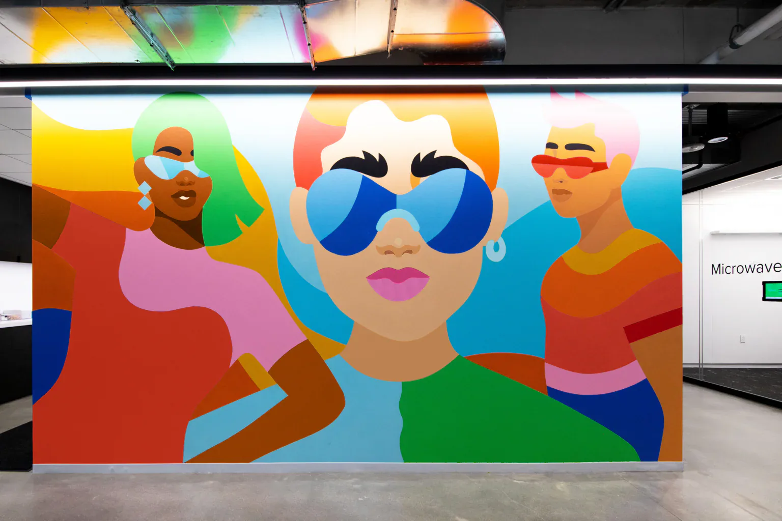 Mural of three figures wearing bold sunglasses with colorful hair against a light blue background