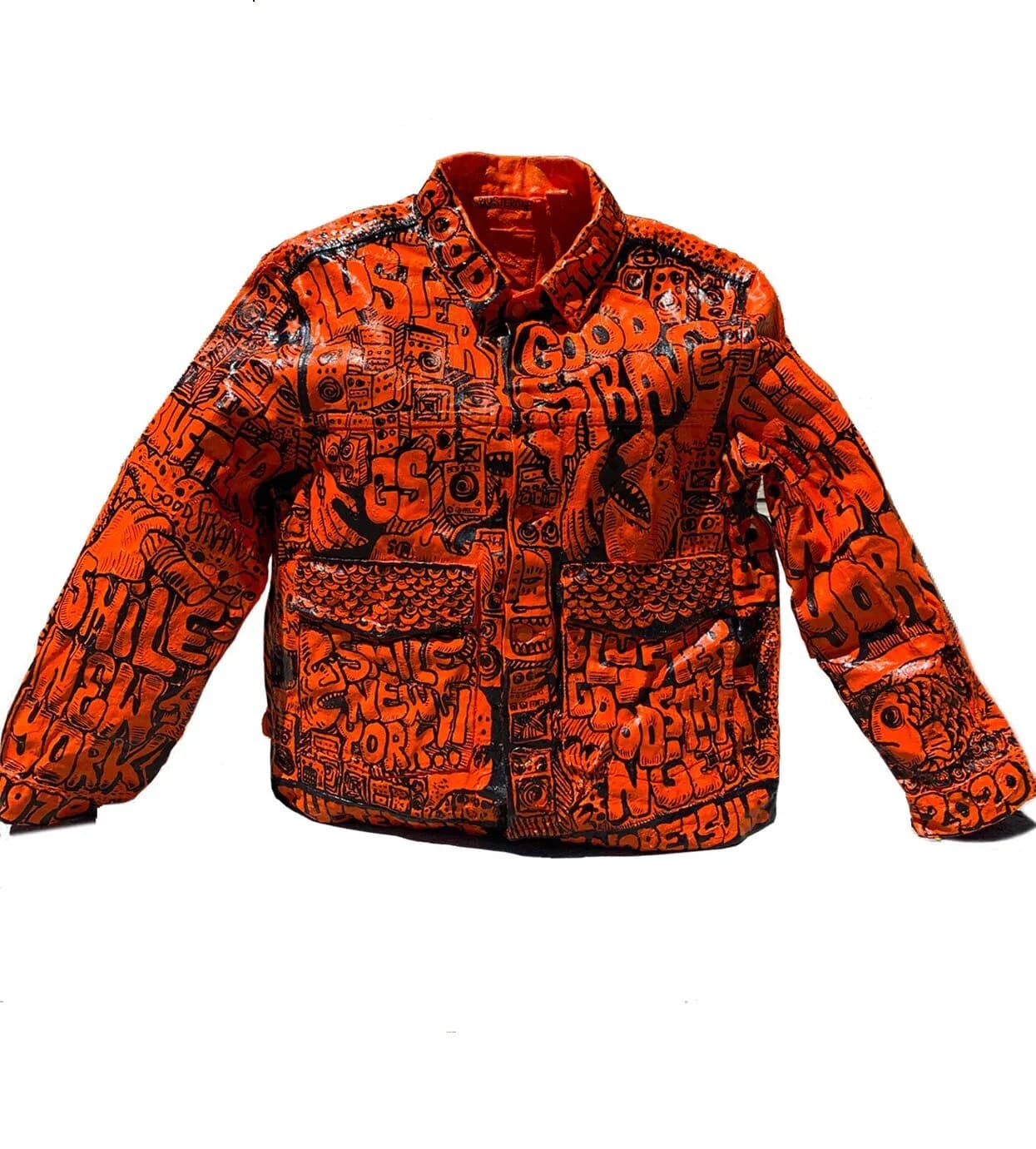 Orange and black jacket covered in dense abstract line-art illustrations including figures, text, and geometric patterns.